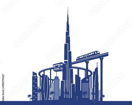 Modern Dubai skyline vector illustration featuring iconic buildings and urban cityscape. Ideal for travel, tourism, business, and Middle East themed design projects.