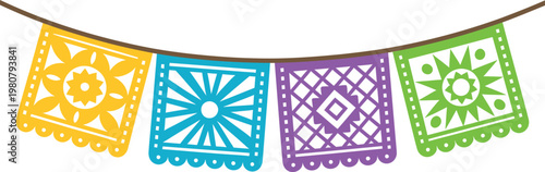 Colorful Mexican papel picado banner decorations for festive celebrations and parties