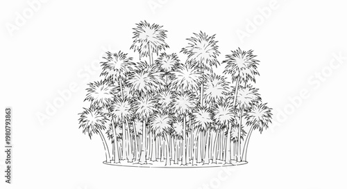 A cluster of palm trees with detailed trunks and fronds, rendered in a sketch style