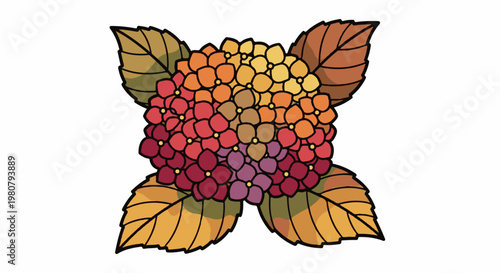 A cluster of hydrangeas in autumn colors, with fall leaves