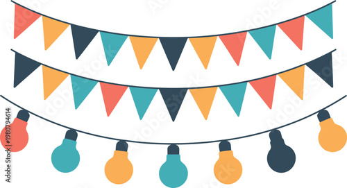 Colorful party decorations with flags and light bulbs on strings