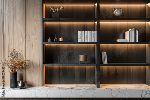 Bright Scandinavian workspace with open oak shelving, neutral styling and curated books. Calm interior background for home office visuals, editorials and remote work pages.