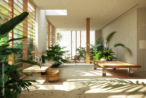Open biophilic office with low wood table, tropical plants and filtered afternoon light. Retirement home backdrop for office branding, care presentations and serene editorials.