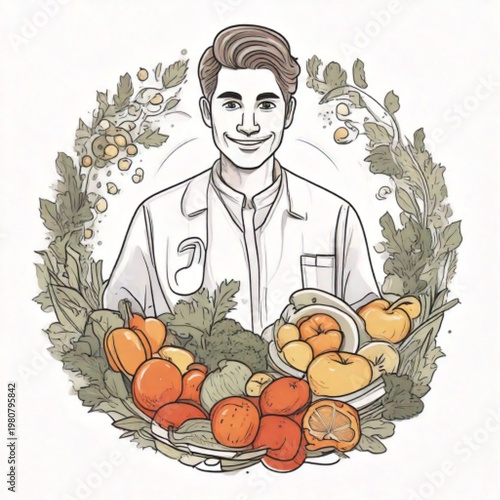 Smiling young doctor surrounded by fresh fruits and vegetables.