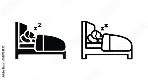Simple black and white icons depicting a person sleeping peacefully in a bed