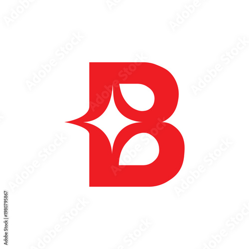 Red abstract letter b logo with starburst element and white background, letter