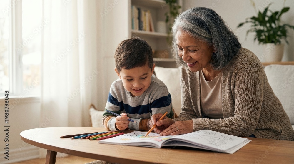 Fototapeta premium Smiling senior woman and young boy coloring with pencils in a bright living room at a wooden table, capturing a tender family moment for Mother's Day product mockup design