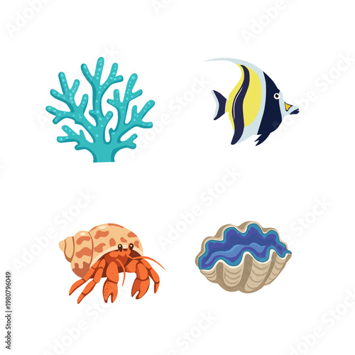 Marine life illustration set featuring coral, tropical fish, hermit crab, and seashell. Colorful flat vector style isolated on white background, ideal for ocean and nature themes.