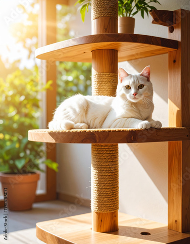 Gorgeous white cat lying on a cat tree, basking in warm sun rays and soft window light in a cozy home interior. Relaxed indoor pet lifestyle with copy space