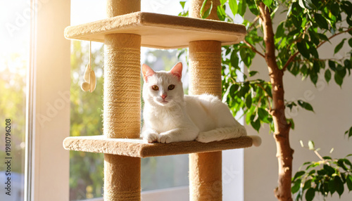 Gorgeous white cat lying on a cat tree, basking in warm sun rays and soft window light in a cozy home interior. Relaxed indoor pet lifestyle with copy space