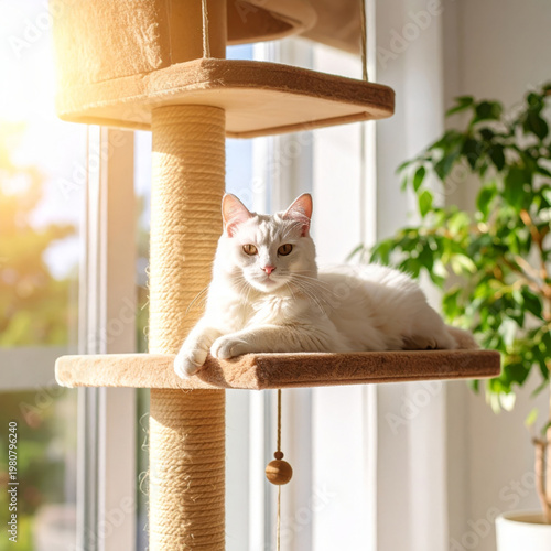 Gorgeous white cat lying on a cat tree, basking in warm sun rays and soft window light in a cozy home interior. Relaxed indoor pet lifestyle with copy space