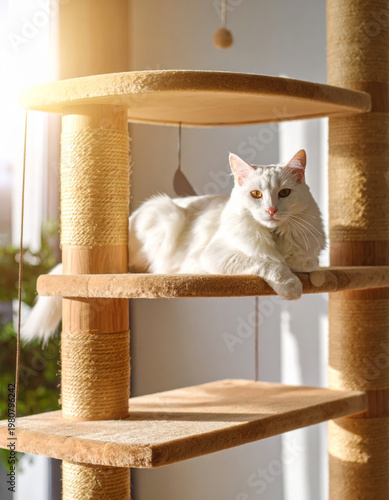 Gorgeous white cat lying on a cat tree, basking in warm sun rays and soft window light in a cozy home interior. Relaxed indoor pet lifestyle with copy space