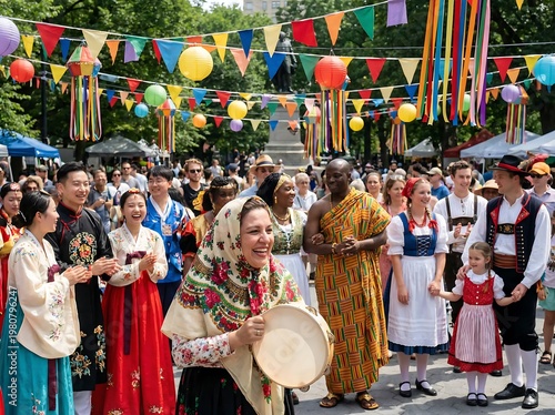 Diverse group of people in traditional clothing celebrate outdoors with colorful decorations and music