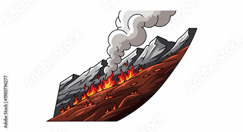 A hillside burns with flames and smoke rising into the sky