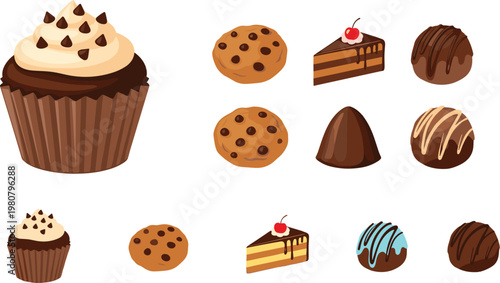 Chocolate desserts collection with cupcakes, cookies, cake slices and truffles vector illustration for bakery menu, sweet food and cafe design