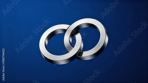 Secure Connection Concept with Interlocking Metal Rings on Blue Background, VPN Tunnel and Encrypted Network Link with Copy Space