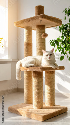 Gorgeous white cat lying on a cat tree, basking in warm sun rays and soft window light in a cozy home interior. Relaxed indoor pet lifestyle with copy space