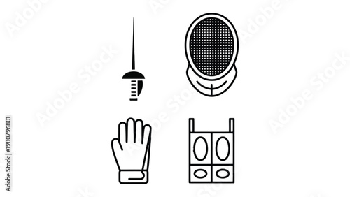 Fencing Gear: A minimalist illustration of essential fencing equipment, showcasing the elegance and precision of the sport.