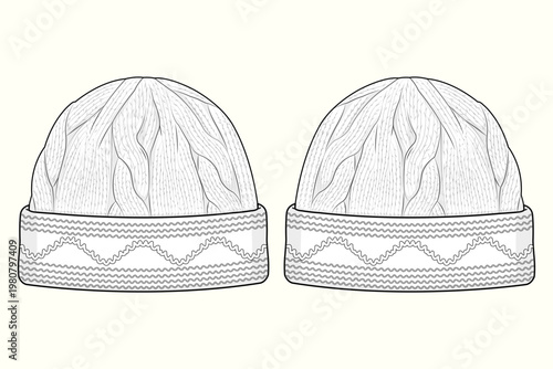 Textured Cable Knit Beanie with Decorative Wave Band Flat Sketch