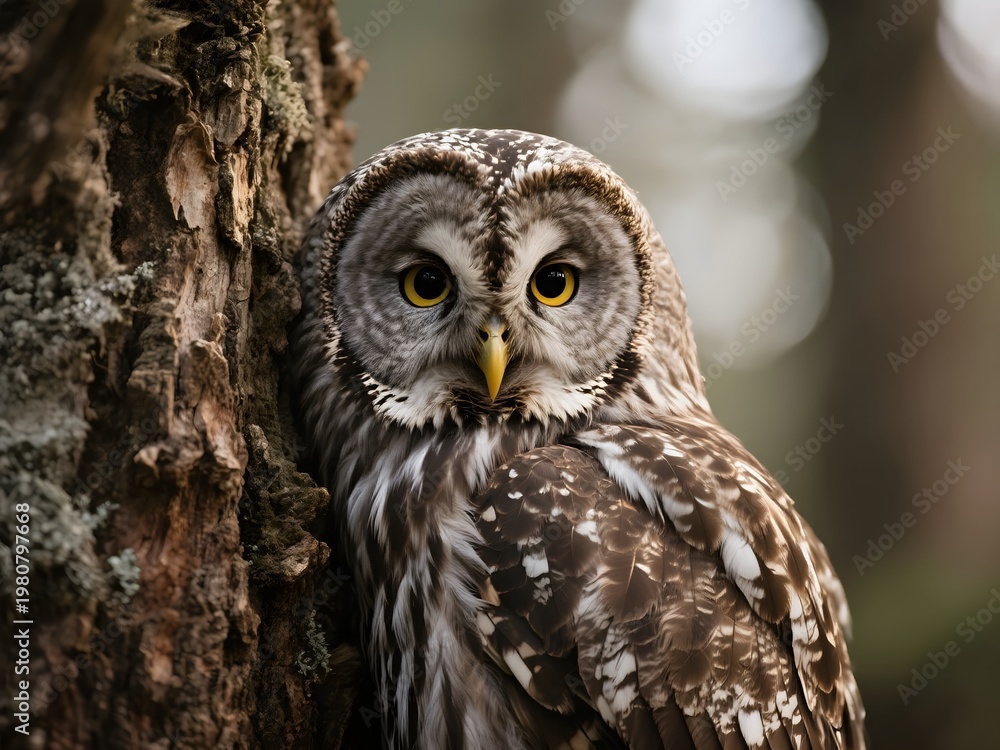 Fototapeta premium Camouflaged Owl Blending into Tree Bark in Forest Close-Up Wildlife Photography