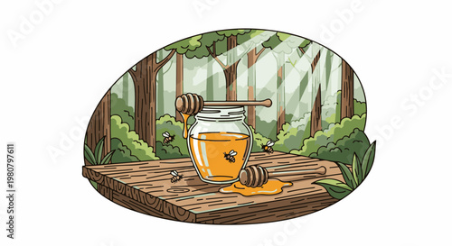 A jar of golden honey with dippers and bees in a sunlit forest clearing