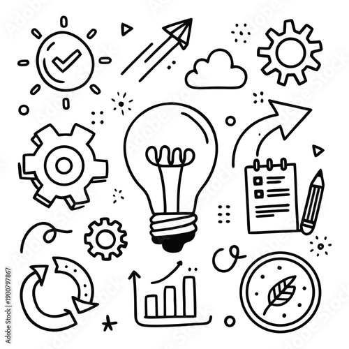 Black and white doodle illustration featuring ideas innovation and problem solving concepts