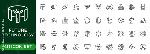 Future Technology Line Icon Set for AI, Robotics, Innovation, Digital Transformation, Smart Devices and Futuristic Systems Outline Vector Collection