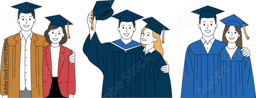 Graduation ceremony people in gowns and caps standing together happily