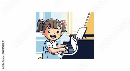 A joyful girl with pigtails plays a grand piano in a bright room