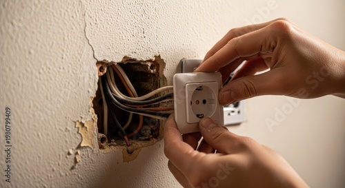 Hand Working on Electrical Panel with Colorful Wires