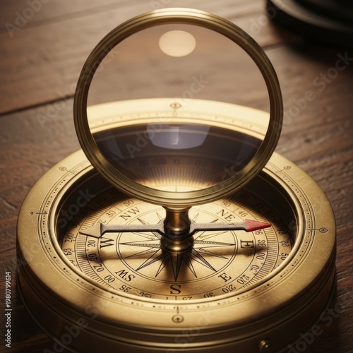 Compass with a magnifying glass at its center Represents the imp