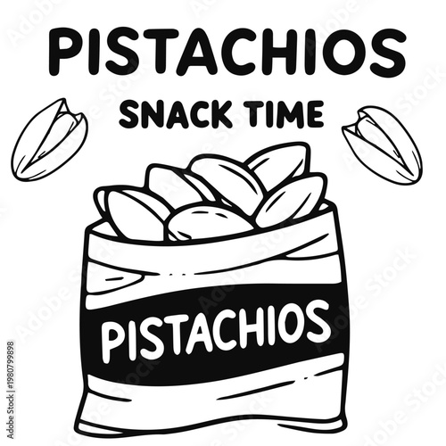 Pistachios snack time doodle illustration with bag and scattered nuts
