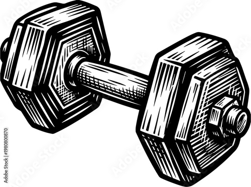 Woodcut style vector illustration of a dumbbell with hexagonal weights and a cylindrical handle, showcasing a classic gym equipment in a traditional engraving technique.