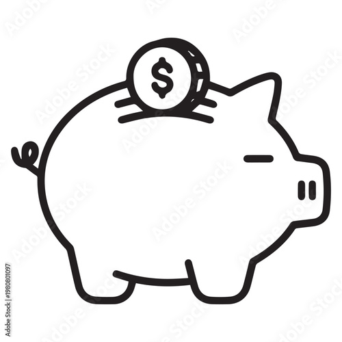 Piggy bank with coin and dollar sign icon Keywords: piggy bank, coin, dollar, money, saving, finance, investment, wealth, currency, banking