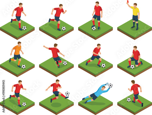 Isometric soccer players and referee vector set, sports infographic icons, football game characters on turf