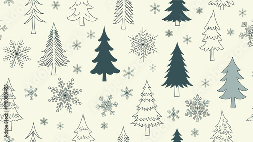 Seamless holiday background pattern with pine trees and snowflakes in various styles for winter celebrations and festive gift wrapping.