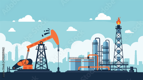 Industrial landscape showing oil pump jacks and refinery towers under a bright sky representing energy production and fuel industry.