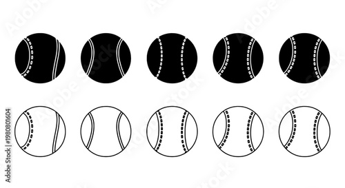 Tennis balls set with different line patterns and shading styles featuring sports, ball, black with white and vector elements for icon, collection