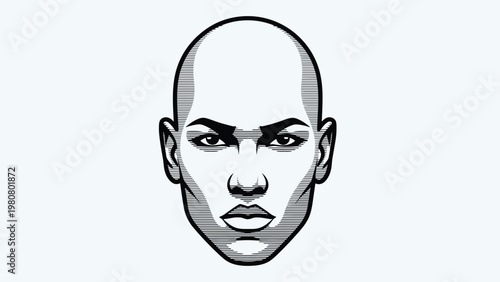 Symmetrical black and white sketch of a bald man's face with horizontal lines creating a unique glitch effect.