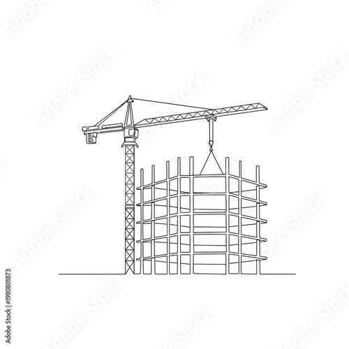 Construction crane lifting metal beam.