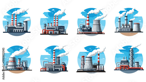 Detailed set of industrial factory and power plant illustrations inside circular frames for environmental and manufacturing themes.