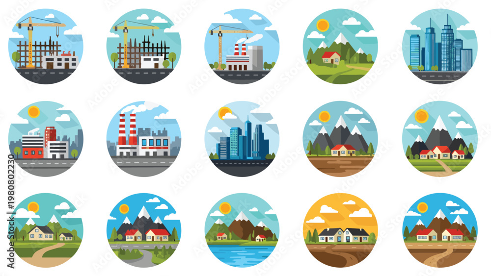 Naklejka premium Large collection of diverse landscape and cityscape icons in circular frames featuring mountains homes and industrial zones.