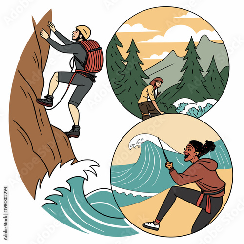 Vector Illustration of Adventure Seekers in Action