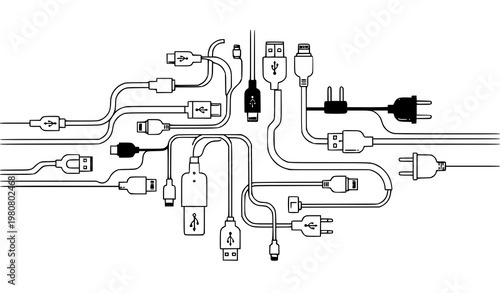 Minimal charging cable and plug collection vector with flowing layout including USB and power connectors isolated on white