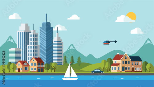 Vibrant modern city skyline featuring tall skyscrapers by a river with a sailboat a car and a helicopter in a mountain landscape.