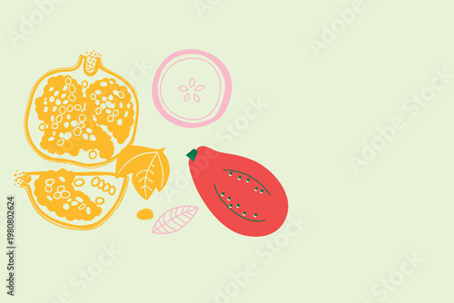 Art & Illustration Appetizing fruit and berries collection. Decorative abstract horizontal banner with colorful doodles. Hand-drawn modern illustrations with fruit and berries, abstract elements. Abst