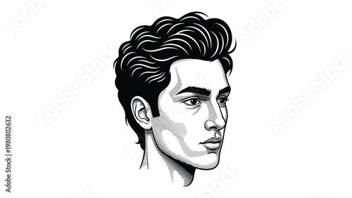 Detailed black and white stippled portrait of a handsome young man with wavy hair in a classic engraved illustration style.
