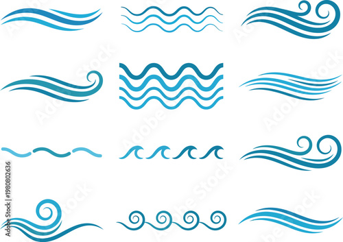 Water wave line art set, ocean sea wave vector symbols, blue abstract ripple tide flow icons collection