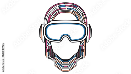 Futuristic abstract illustration of a humanoid head wearing goggles decorated with vibrant colorful geometric patterns.