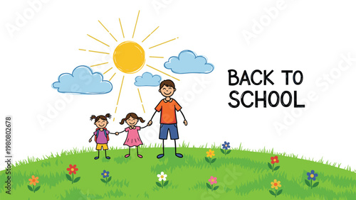 Hand drawn illustration of a father walking with his two daughters in a flower field for back to school celebration.